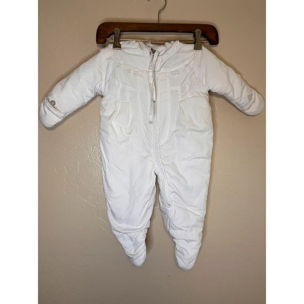 Vintage baby bunting white snowsuit hooded hand and foot cover lace detail s 6/9